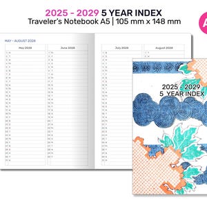 A5 TN 2025 - 2029 5年インデックス印刷可能トラベラーズノートインサートリフィル - ミニマリスト