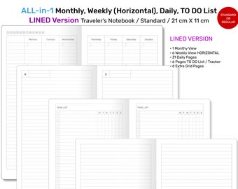 Standard TN ALL-in-1 LINED Monthly, Weekly Horizontal, Daily, List Printable Traveler's Notebook Refill Insert - Minimalist RTN22-004B