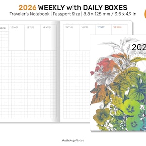 May include: A 2026 Traveler's Notebook in passport size, 8.8 x 125 mm, with a weekly layout and daily boxes. The cover features a colorful floral design. The notebook is open to display the grid layout.