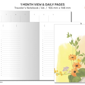 Puede incluir: Una libreta de viaje de tamaño A6 con vista mensual y páginas diarias. La portada presenta una ilustración de acuarela de un arreglo floral con flores naranjas y amarillas sobre un fondo amarillo.