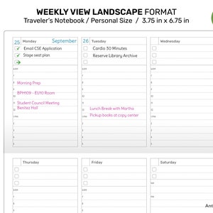 Personal TN Weekly LANDSCAPE FORMAT Undated Wo2P Printable Traveler&#39;s Notebook Insert