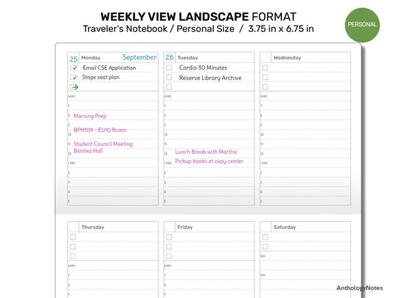 Personal TN Weekly LANDSCAPE FORMAT Undated Wo2P Printable Traveler's Notebook Insert