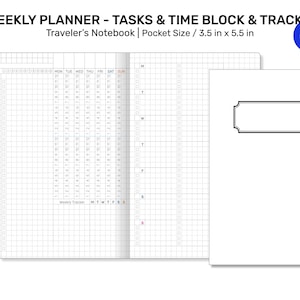 May include: A white weekly planner with a grid layout for tasks and time blocking. The planner is open, revealing a detailed schedule. The cover is white with a decorative frame. The text "WEEKLY PLANNER - TASKS & TIME BLOCK & TRACKER" is visible.