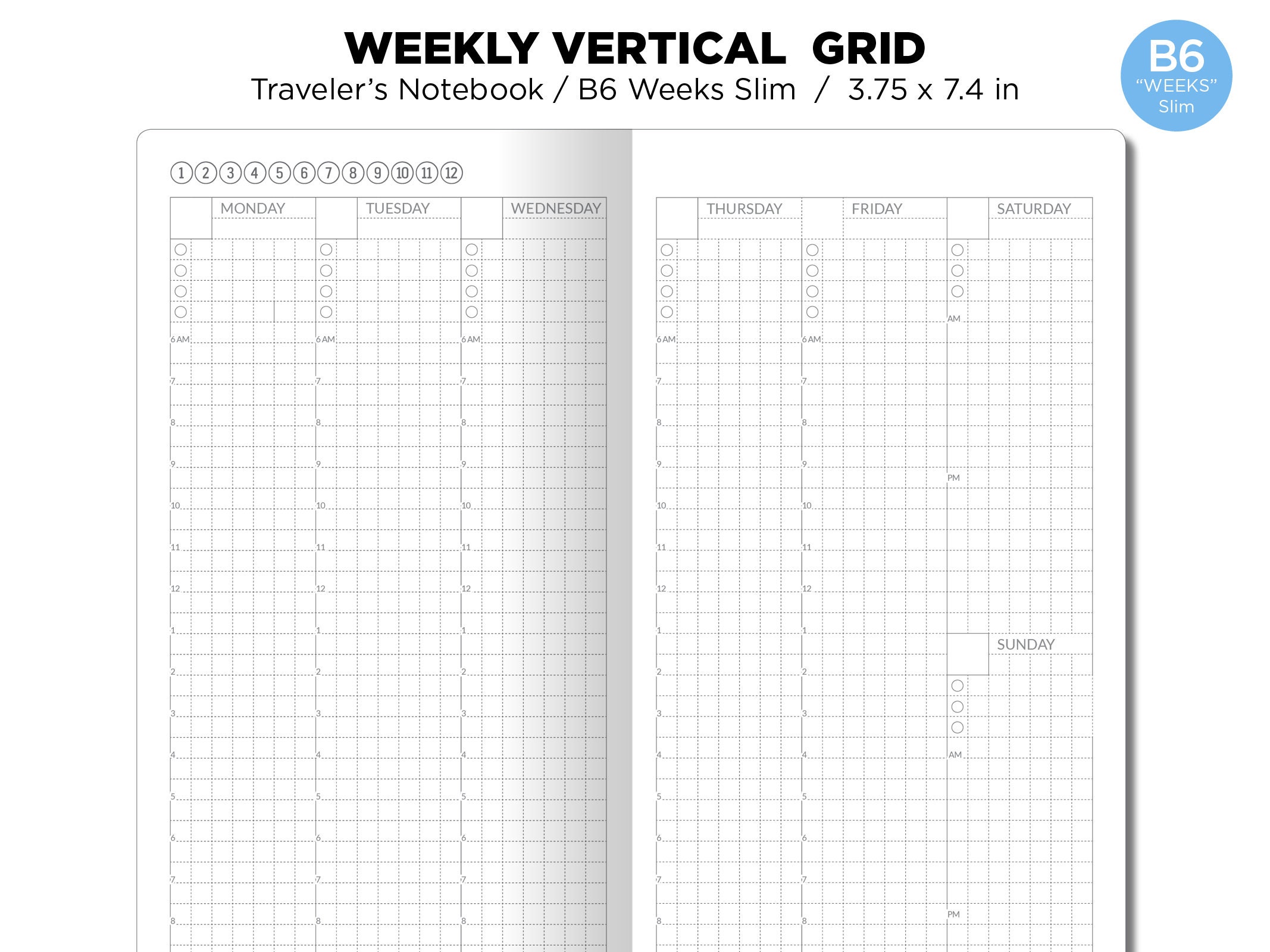 TN B6 "weeks" Slim Weekly VERTICAL Grid Traveler's Notebook Printable ...