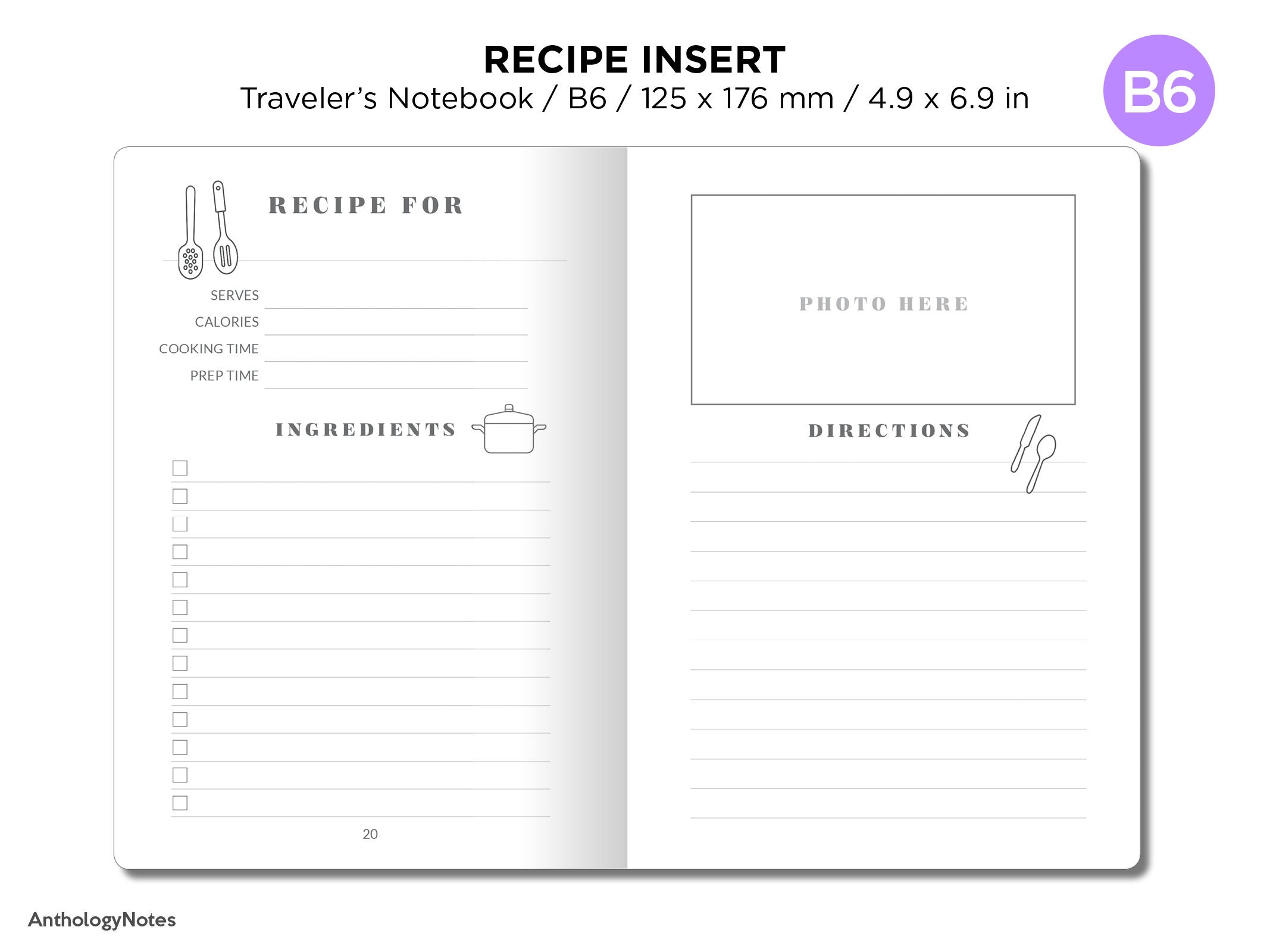 TN B6 Recipe Insert for Traveler's Notebook Printable Planner Insert - Etsy