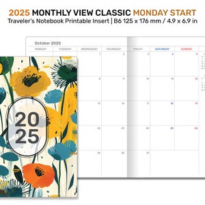 2025 TN B6 Monthly Planner Printable Insert Traveler&#39;s Notebook Mo2P Minimalist MONDAY Start