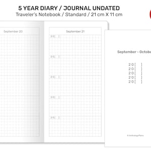 5 YEAR JOURNAL DIARY Traveler&#39;s Notebook Standard Size - Printable Refill Grid - Minimalist Functional