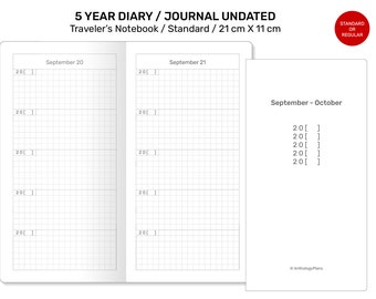 5 YEAR JOURNAL DIARY Traveler's Notebook Standard Size - Printable Refill Grid - Minimalist Functional