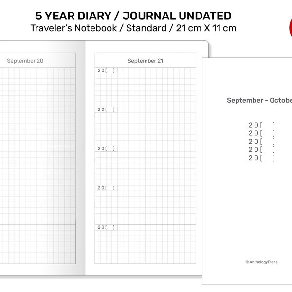 5 YEAR JOURNAL DIARY Traveler's Notebook Standard Size - Printable Refill Grid - Minimalist Functional