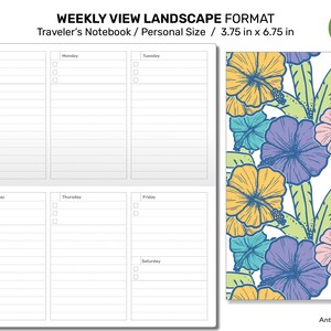 May include: A weekly planner in landscape format for a traveler's notebook. The planner is divided into seven columns for each day of the week, with space for writing and checkboxes. The planner is 3.75 inches by 6.75 inches. The background is a floral pattern with hibiscus flowers in shades of yellow, blue, pink, and green.