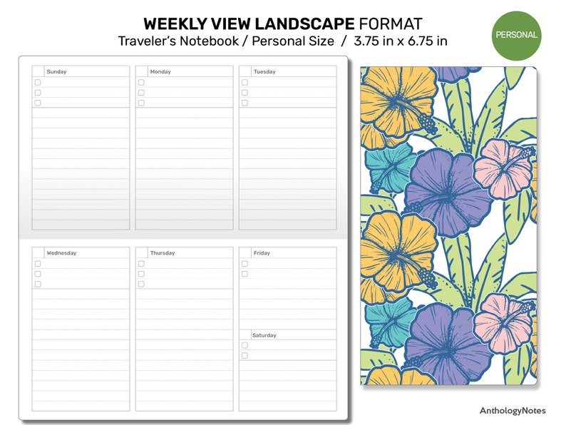 May include: A weekly planner in landscape format for a traveler's notebook. The planner is divided into seven columns for each day of the week, with space for writing and checkboxes. The planner is 3.75 inches by 6.75 inches. The background is a floral pattern with hibiscus flowers in shades of yellow, blue, pink, and green.