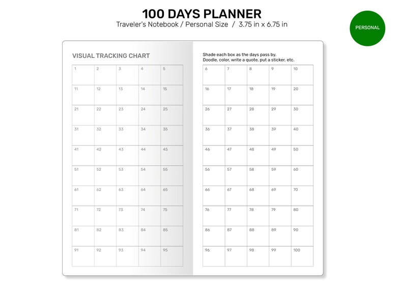 Planner Pass 100 DAYS PLANNER Printable Traveler's Notebook Insert PERSONAL Size ...