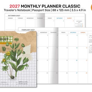 Może przedstawiać: 2027 Monthly Planner Classic w formacie paszportowym, 88 x 125 mm. Okładka z ilustracją botaniczną i rokiem 2027. Zawiera miesięczne strony kalendarza.