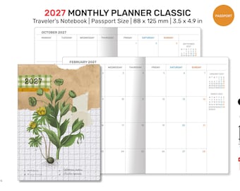 2027 PASSPORT Monthly Classic Minimalist Diary Traveler's Notebook Printable Insert Mo2P