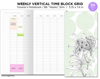 TN B6 Hobonichi Weeks Slim TIME BLOCK Vertical Grid Printable Traveler&#39;s Notebook Insert