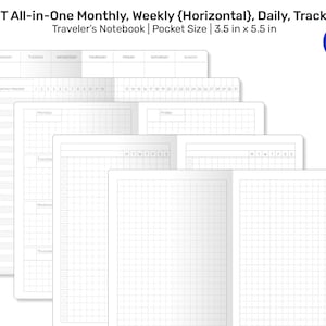 May include: A set of blank notebook pages for planning and journaling. The pages include monthly, weekly, daily, and grid layouts. The notebook is 3.5 inches by 5.5 inches.