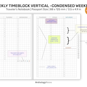 May include: A weekly time block planner with a vertical layout, designed for a traveler's notebook. The planner is 3.5 inches by 4.9 inches and features a condensed weekend section with 2-hour intervals after 12 PM. The planner also includes a tracker for habits or sleep, a section for tasks, goals, lists, and notes, and a weekday time block section from 6 AM to 12 PM.