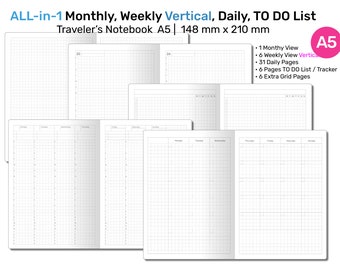 A5 TN All-in-One Monthly, Weekly Vertical, Tracker & TO DO List, Grid Notes Printable Traveler's Notebook Insert