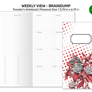 May include: A weekly planner notebook with a red polka dot and floral design cover. The cover has a blank label with a black border. The notebook is 3.75 inches by 6.75 inches. The inside pages are gridded and have sections for brain dump, Sunday, Monday, Tuesday, Wednesday, Thursday, Friday, Saturday, and a tracker.