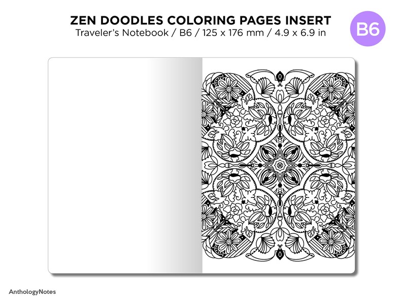 B6 Zen MANDALA Doodles COLORING Activity TN Insert Traveler's Notebook image 7