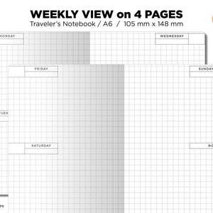 A6 Week on 4 Pages Traveler&#39;s Notebook Printable Insert GRID Minimalist Functional Wo4P