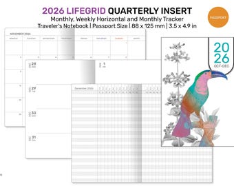 2026 PASSPORT TN LIFEGRID Quarterly Traveler's Notebook Printable Refill - Monthly, Weekly Horizontal, and Monthly Tracker LGPP001-2026