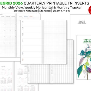 Op de afbeelding: Printbare inzetstukken voor een Traveler's Notebook, met maandelijkse, wekelijkse en maandelijkse trackerweergaven. De inzetstukken zijn gelabeld "LIFEGRID 2026" en bevatten een kalender en rasterpagina's. De afmeting is 21 cm x 11 cm.