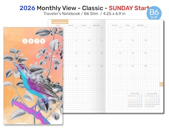 TN B6 SLIM 2026 Monthly Planner SUNDAY Start Grid Printable Insert Traveler's Notebook - DB6SL003S 2