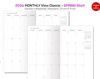 2026 Monthly Traveler's Notebook Printable Insert – Spring Start, Minimalist Planner (Digital Download) DSTN007