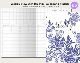 B6 Weekly View Vertical Traveler's Notebook Printable Insert With Tracker - DIY Mini-Calendar - Wo2P