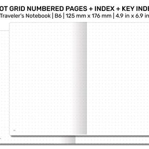 TN B6  Bullet Log Format Dot Grid Traveler&#39;s Notebook Printable Insert - Numbered Pages, Key, Index  | B6003