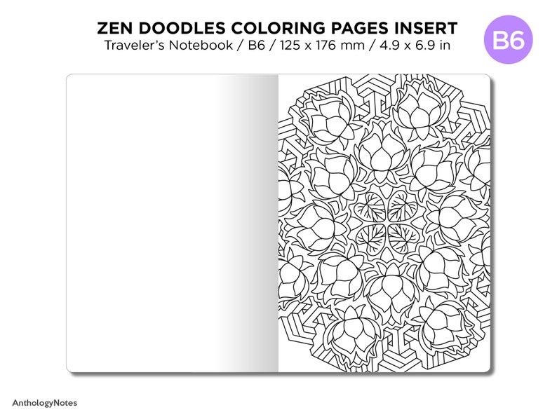 B6 Zen MANDALA Doodles COLORING Activity TN Insert Traveler's Notebook image 4