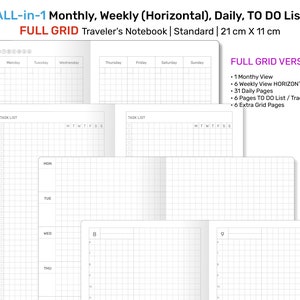 Può includere: Un taccuino da viaggio a griglia completa con una sezione mensile, settimanale, giornaliera e di lista di cose da fare. Il taccuino misura 21 cm per 11 cm ed è di dimensioni standard o regolari.