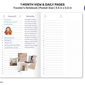 May include: A white page with a black grid pattern and lines. The page is divided into two sections. The left section has a calendar for January 23rd with a list of tasks. The right section is blank. The page is labelled "1 MONTH VIEW & DAILY PAGES Traveler's Notebook | Pocket Size | 3.5 in x 5.5 in".