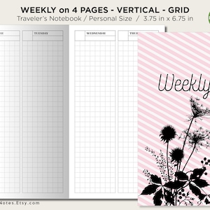 Può includere: Un planner settimanale stampabile con un layout a griglia, progettato per un Traveler's Notebook. Il planner misura 9,5 cm per 17,1 cm e ha una copertina a righe rosa e bianche con una silhouette nera di fiori selvatici.