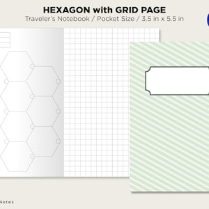 May include: A white notebook with a hexagon grid page, a grid page, and a green striped page. The notebook is labeled "HEXAGON with GRID PAGE" and "Traveler's Notebook / Pocket Size / 3.5 in x 5.5 in".