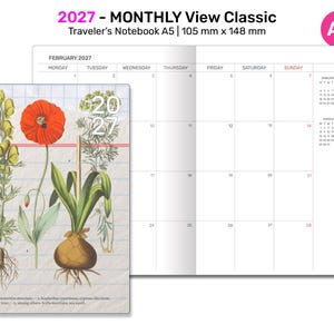 May include: A 2027 A5 traveler's notebook measuring 105 mm x 148 mm. The cover features botanical illustrations of plants and a bulb on a grid background with the text 2027. The interior shows a monthly calendar view for February 2027.
