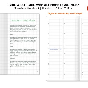 May include: A white gridded notebook with a black grid and a dot grid. The notebook has a red title bar that says "GRID & DOT GRID with ALPHABETICAL INDEX Traveler's Notebook | Standard | 21 cm x 11 cm". The notebook has a section for organizing notes by keyword or topic. The notebook has a section for "Monsterra Deliciosa" with information about the plant's light, water, and humidity needs.