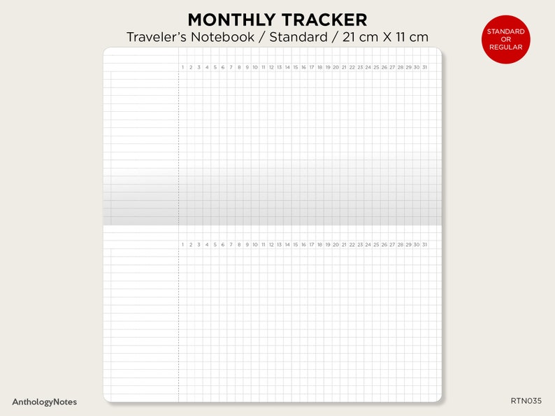 May include: A blank monthly tracker page for a traveler's notebook. The page is divided into 31 days with a grid pattern. The page is 21 cm by 11 cm.