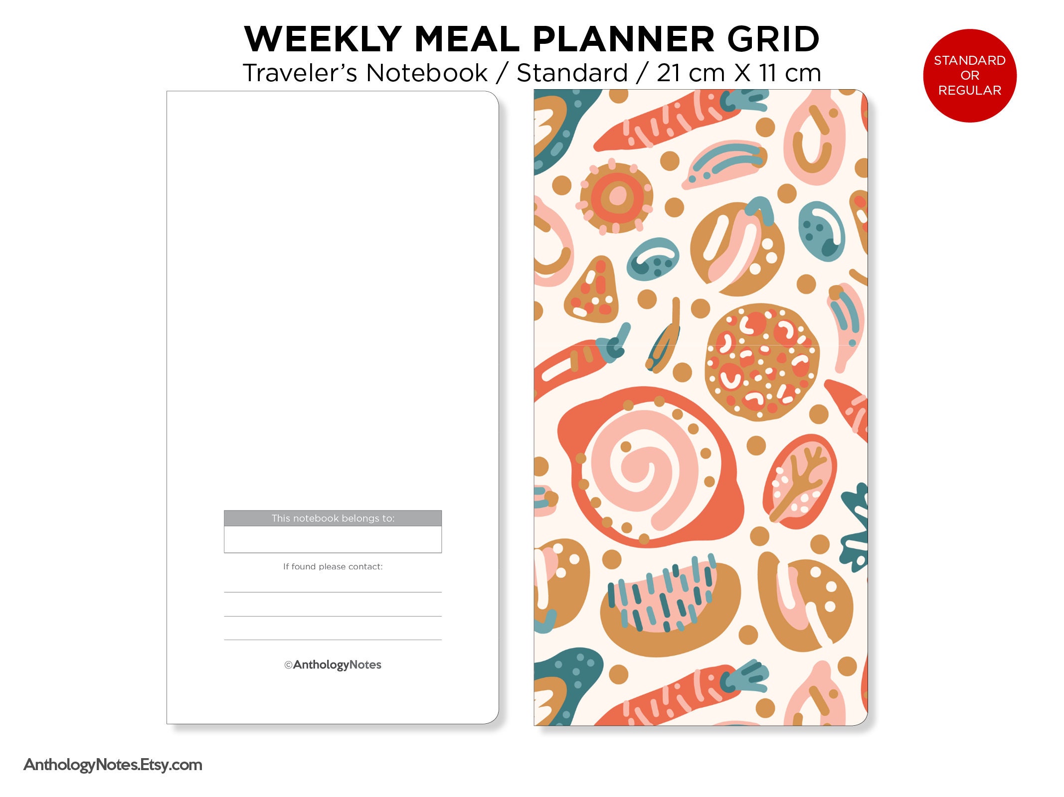 Weekly Meal Planner GRID Printable TN Insert Standard Size Traveler's ...