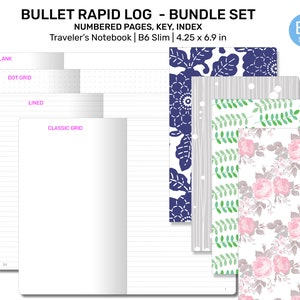 B6 Slim Bundle SET Printable Insert Grid, Blank, Dot Grid, Cross Grid, Lined, Traveler&#39;s Notebook Rapid Log