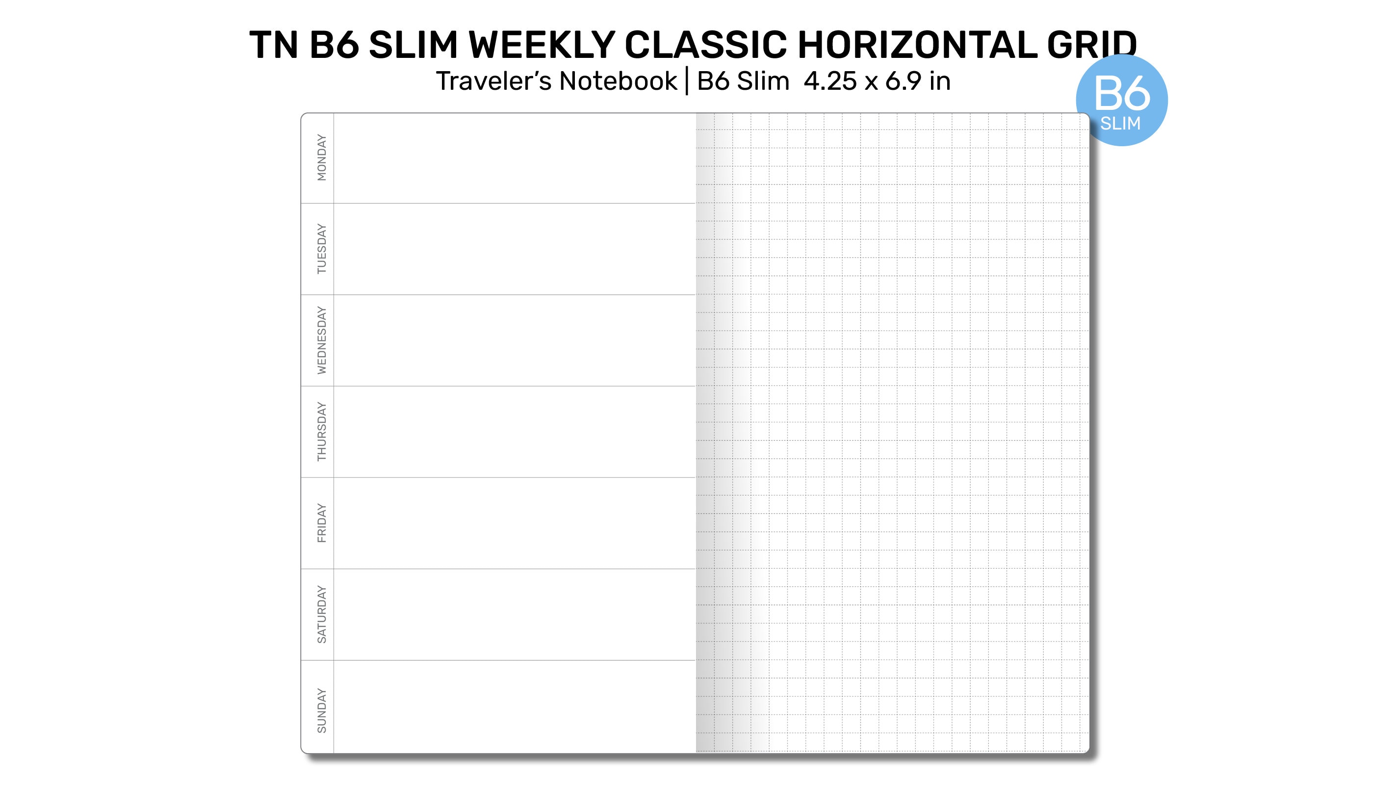 TN B6 Slim WEEKLY Horizontal GRID Traveler's Notebook Printable Insert ...