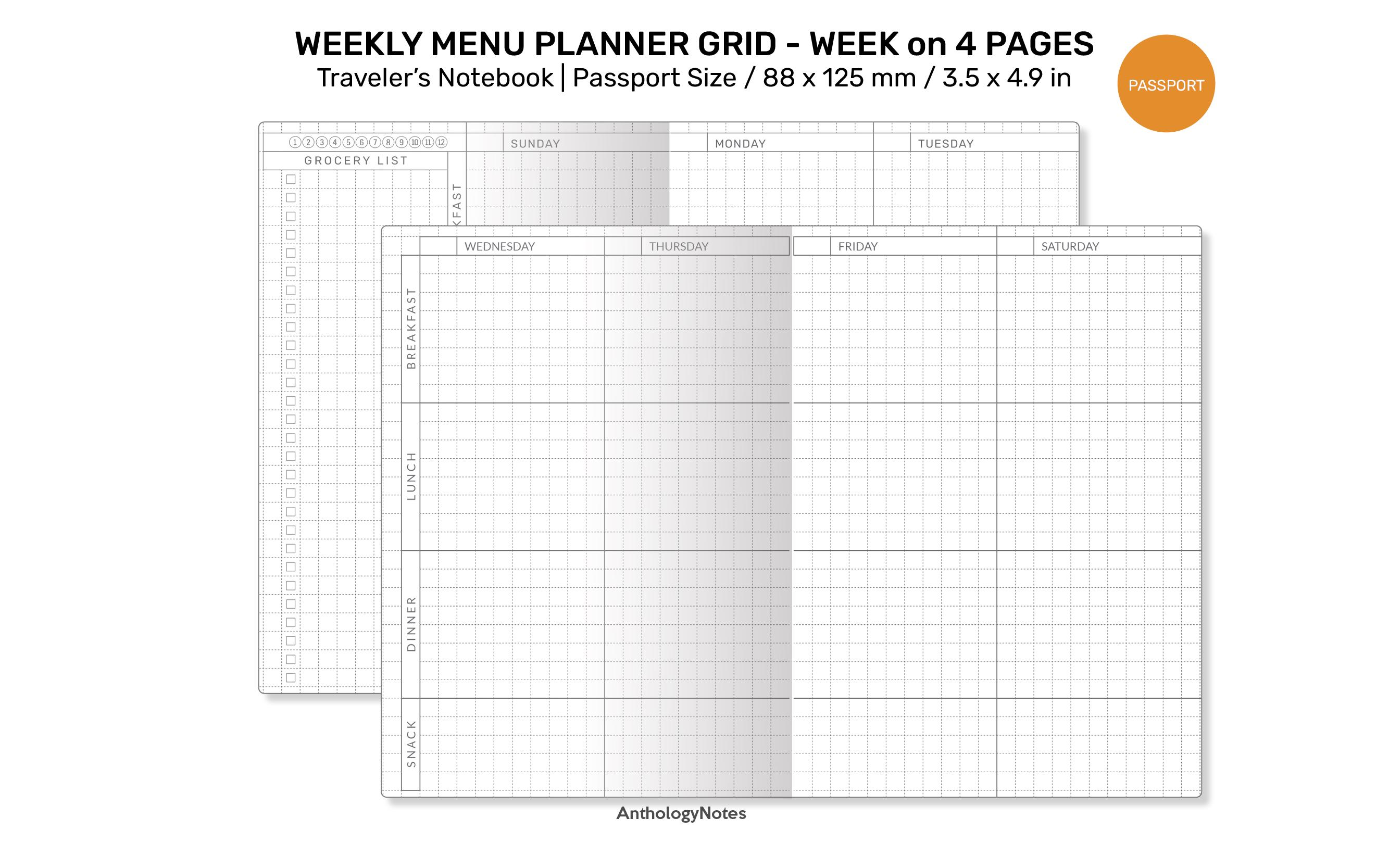 TN Passport Weekly MENU Planner Printable Insert Traveler's Notebook ...