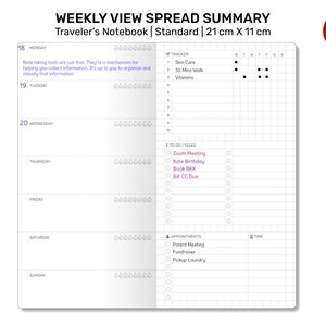 WEEKLY VIEW Summary Traveler's Notebook Traveler's Notebook Refill Printable Insert, Tracker, Standard Size, To Do List, Appointments