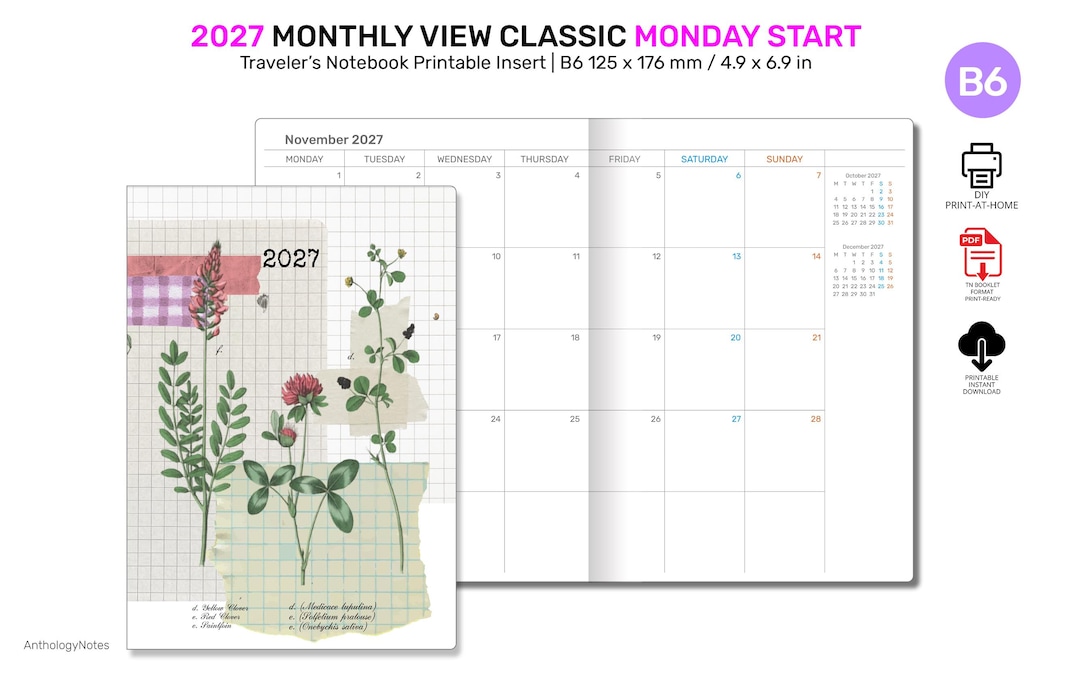 2027 TN B6 Monthly Planner Printable Insert Traveler's Notebook Mo2p ...