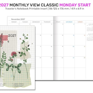 May include: A 2027 monthly view traveler's notebook printable insert in B6 size, 4.9 x 6.9 inches. The cover features a grid pattern with botanical illustrations of clover and the year 2027. The interior shows a Monday start calendar layout.