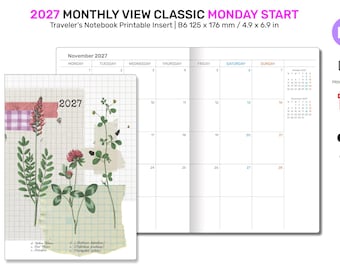 2027 TN B6 Monthly Planner Printable Insert Traveler's Notebook Mo2P Minimalist MONDAY Start