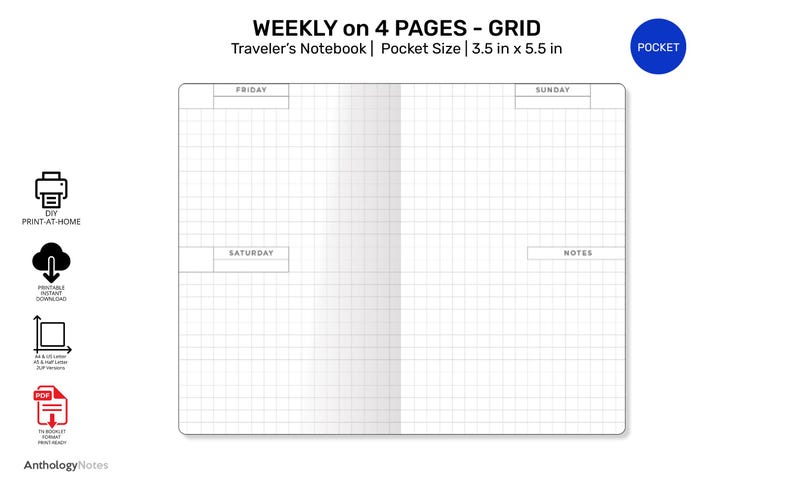 POCKET TN Weekly Planner Printable Insert Wo4p GRID Horizontal Week on ...