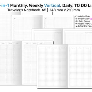 Cuaderno de viaje A5 TN todo en uno, vertical, mensual, semanal, de seguimiento y lista de tareas, notas en cuadrícula, imprimible A522-005