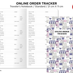 May include: A white notebook with a black and white grid pattern. The notebook has a cover with a repeating pattern of shopping bags, hearts, and stores. The text "Online Order Tracker" is printed in black on the cover. The notebook is 21 cm by 11 cm.